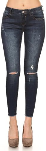 Instar Fashion InstarMode Women's Mid-Rise Frayed Hem w/Ripped Slit Knee Skinny Jean (Dark, 11)