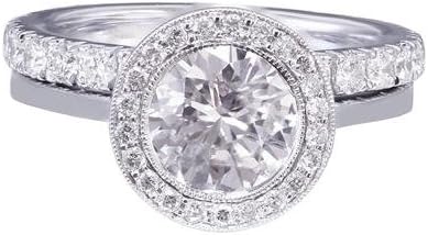 14k White Gold Round Cut Forever One Moissanite and Round Cut Diamond Engagement Ring Bezel Set Halo Bridal Wedding Set 2.0ct Available sizes 4-12