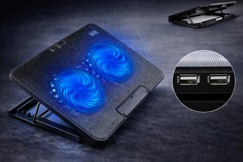 Base Suporte para Notebook até 17" com Cooler Duplo Ultra Silencioso, LED Azul, 8 Níveis de Altura, USB Extra – Refrigeração Potente e Conforto Ergonômico