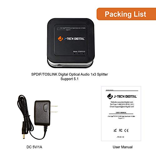 JTech Digital Optical Splitter 1 in 3 out for TV, Toslink Splitter 1x3