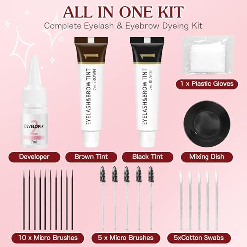 Eyelash & Eyebrow Color Kit,2 in 1 Professional Lash & Brow Color Kit Lash Color Kit with Brush Long Last Effect Up to 6 weeks,Natural,Safe & Easy Natural Brows Color DIY at Home (Black and Brown)