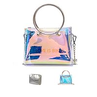 Amamcy 2-in-1 Transparent Holographic Shoulder Bag See Handle Cross-Body Bag Clear Chain Purse Handbag for Women