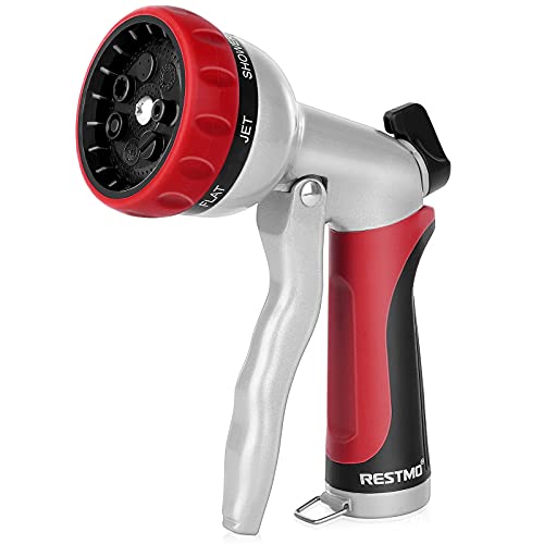 RESTMO Garden Hose Nozzle, Heavy Duty Metal Water Hose Nozzle with 7 Adjustable Spray Patterns