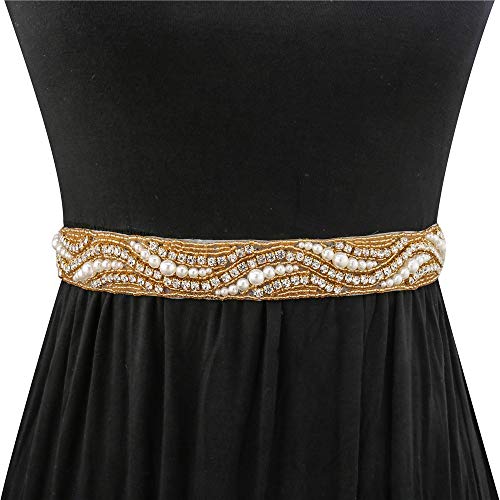 Gold Beaded Bridal Rhinestone Applique Trim 1 Yard with Crystal Pearl for Wedding Dress Sash Prom Party Formal Belts (36x1.2in) - Thumbnail 5