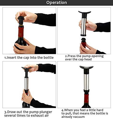 Vacuum Wine Saver Pump Preserver with 4 Vacuum Wine Stoppers, Black, Stainless Steel, Food Grade Material, Keep Wine Fresh and Flavorful for 14 Days - Thumbnail 3