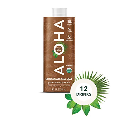 ALOHA Organic Vegan Plant Based Protein Drink with MCT Oil |Chocolate Sea Salt |18g Protein | 12 Count, 11oz | 18g Protein, Low Sugar, Gluten Free, Paleo, Low Carb, Non-GMO, Stevia Free, Soy Free