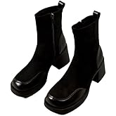 Women's Platform Ankle Boots Chunky High Heel Square Toe Stretch Short Combat Boots Booties for Women