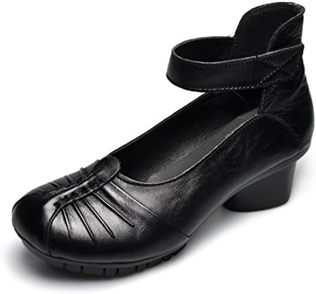 CUNZHAI Women's Leather Round Toe Mid Ankle Strap Heel Dress Pumps Black Shoes