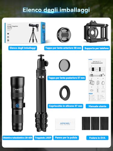 APEXEL Obiettivo zoom 20-60X professionale per smartphone – Cattura scene lontane con facilità