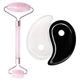 TIBAARO Gua Sha Scraping Massage Tool - Facial Rose Quartz Roller + 2 Guasha Bian + Jade Stones - Smooth Edge Tools Set - Stone Boards for Acupuncture Therapy Trigger Point Treatment + eBook
