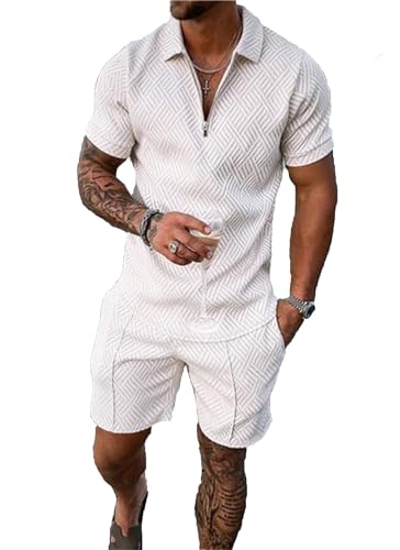 Kubsid White S Men Track Suits 2 Piece Set Summer Casual Outfits Fashion Polo Shirts Short Sleeve and Shorts Set Vacation Clothes at Amazon