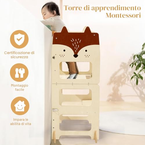 labebe Learning Tower from 1 Year (92 x 38.5 x 42 cm), Foldable Montessori Learning Tower, 3 in 1 Montessori Learning Tower for Children with Notice Boards from 1 Year Old