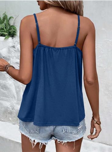 BLENCOT TANK TOP FOR WOMEN PLEATED SPAGHETTI STRAP CAMISOLE SUMMER SCOOP NECK LOOSE FIT CASUAL SLEEVELESS SHIRTS BLUE L