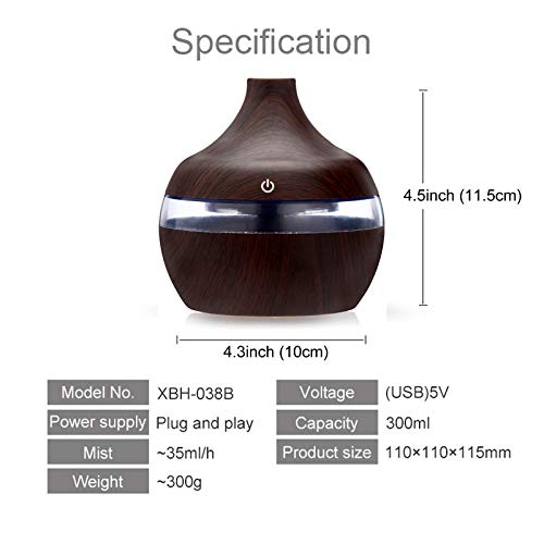 Humidificador Mini - Humidificador de aromaterapia de Primera con Tanque de Agua de 300ml,Humidificador Ultrasónico Silencioso con Niebla Fría, Apagado Automático y Función de Luz Nocturna (marrón)