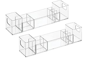 mDesign Plastic Bathroom Medicine Cabinet Organizer with Handles - Divided Vanity Storage Holder/Container for Cotton Swabs, Makeup, Bathroom Essentials/Toiletries, Lumiere Collection, 2 Pack - Clear