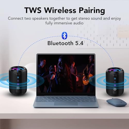 Tiksounds Bluetooth Speaker with Stereo Sound & Mic for Calls, Bluetooth 5.4 Speaker with 12H Playtime, 6 RGB Lights & TWS Pairing, IPX7 Waterproof, Portable Speaker for Home, Hiking, Party