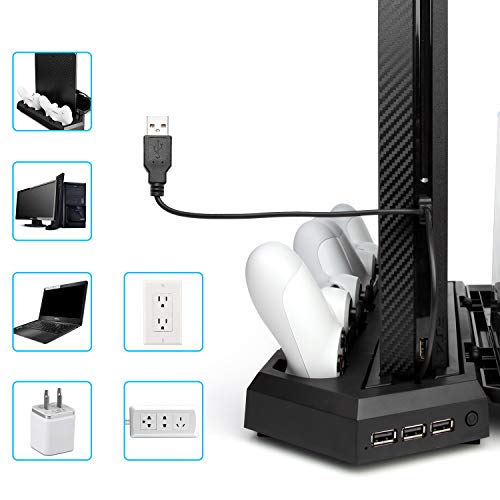 MOCREO Vertical Stand with Cooling Fan for PS4 / PS4 Pro, Dual Controller Charger Station with 12 Game Storage and Dualshock Charger with 3 Extra USB HUB Port