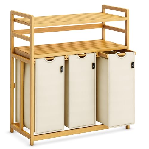 AdelDream Wäschekorb 150L, 3 Fächer Wäschesammler, 2 Ablagen, Bambus