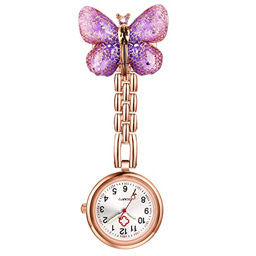Lancardo Women Butterfly Brooch Nurse Watch Pin-On with Secondhand Stethoscope Lapel Fob Pocket Badge Watches for Doctor Nurse Easy to Read