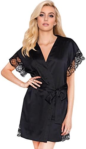 Mobisi Womens Black Short Sleeve Satin Kimono Robe Lace Trim Bridal Robes Bathrobe Sleepwear