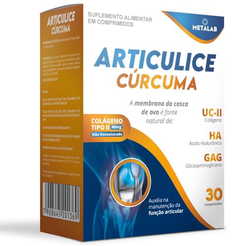 Articulice Curcuma, Colágeno Tipo II 40mg, Suplemento com Ácido Hialurônico e GAG, 30 Comprimidos