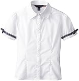 French Toast Big Girls' Short Sleeve Ribbon Bow Blouse, White, 12