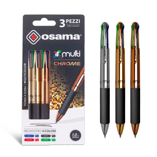 OSAMA, 4 Multi-Set Penne Colorate Cromate 4 Colori, 3 Pezzi-Penna Multicolore a Sfera 1.0 mm con Inchiostro Nero, Blu, Rosso e Verde, Ideale per Cartoleria e Cancelleria Scuola, Università e Ufficio