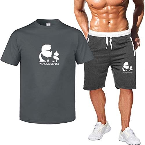 WEY Sports Shorts Karl Lagerfeld Cartoon Printed Sportswear Suit Casual T-Shirt Sweatpants 2-Pieces Set Fitness Running Clothes High-Quality Materials/Dark Gray/M