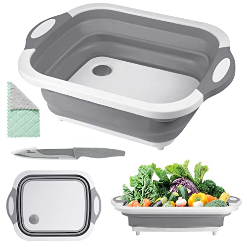 Gintan Camping Schneidebrett Faltbares, 3 in 1 Multifunktion Schneidebrett mit Messer, zum Waschen und Lagern von Obst und Gemüse Verwendet Werden für Küche, Camper Zubehör, wohnmobil zubehör,Outdoor