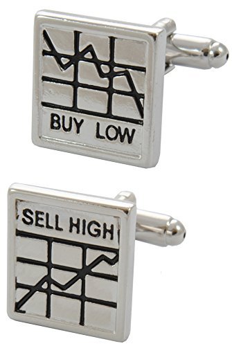 Cufflinks for Men + Presentation Box - Novelty - Buy Low - Sell High - Stocks and Shares - Solid Brass Metal - Traders Square Stockbroker Banker - Silver and Black Colours - One Pair