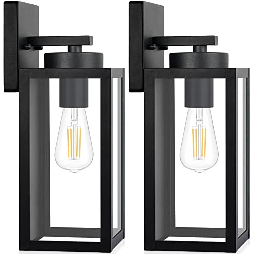 Outdoor Wall Light Fixtures, Exterior Waterproof Wall Lanterns, Porch Sconces Lighting with E26 Sockets & Glass Shades, Modern Matte Black Outside Lights for Patio Front Door Entryway Garage, 2-Pack