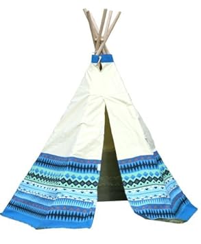 Tipi Spielzelt für Kinder Wigwam Spiel-Zelt, Holzstangen und Blau Azteken-Print Baumwolle, Garden Games 3042