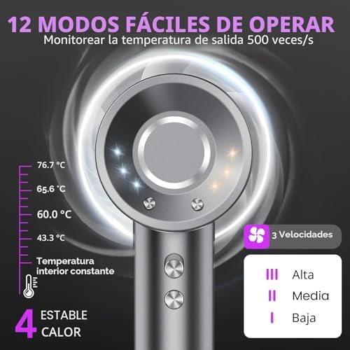 Secador de cabelo, secador portátil jónico profissional a 160000 rpm, secagem rápida, iões 500M, controlo de temperatura, com difusor magnético e bico, 4 níveis de temperatura e 3 velocidades