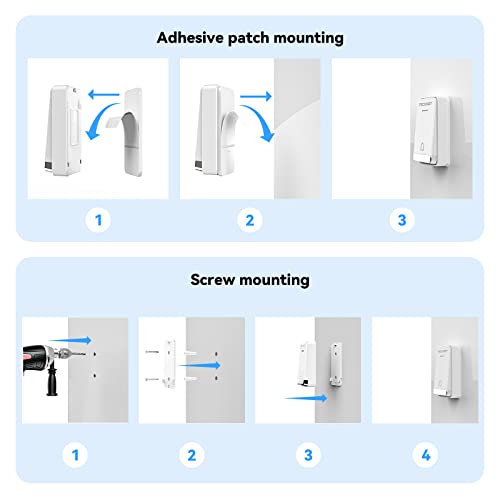 TECKNET Self-Powered Doorbell, Waterproof IP65 Twin Wireless Doorbell No Battery Required Push Button Plug Through Cordless Door Chime at 1300ft Range with 60 Chimes, 5-Level Volume & LED Light