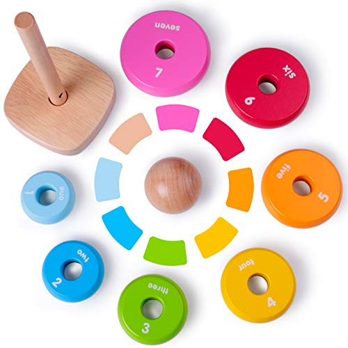 Wooden Ring Stacking Toy for Kids Best Birthday Christmas Gifts for 1 2 3 4 Year Old Boy Girl Toddler Toys Rainbow Tower Wooden Stacking Toy Rainbow Stacker for Baby and Toddlers 18M +(8x3 INCH)