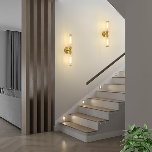 Vaziden - Lámpara de pared dorada para baño, 2 unidades, lámpara de cambiador de vidrio roscada, iluminación moderna para baño, sala de estar, pasillo, recámara