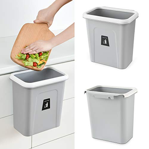SUBEKYU 2.4 Gal Hanging Trash Can for Kitchen Cabinet Door, Small Under Sink Garbage Can for Bathroom, Wall-Mounted Counter Waste Bin, Plastic, Gray