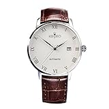 HEOJEO Men's Analog Roman Numeral Watch Business Casual Fashion Wristwatch Automatic Movement Brown Leather Band White Dial