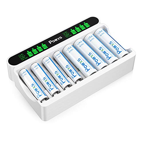 POWXS LCD AA AAA Battery Charger Independent 8 Bay Battery Charger, Including 4 Count AA and 4 Count AAA Rechargeable Batteries