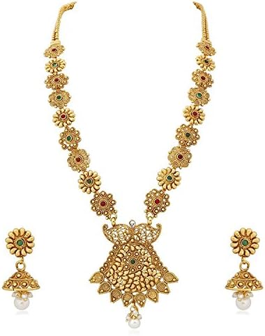 Dazzling Indian Bollywood Gold Plated Multi Color Copper Long Haram Jewelry Necklace Set