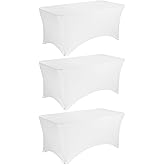 JALANCY 3 Pack 6FT Spandex Table Covers Washable Wrinkle Resistant Stretch Table Cloth for Folding Table Wedding Party Birthday Banquet Bar Events(White)