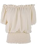Anna-Kaci Womens Short Sleeve Ruffle Stretch Off Shoulder Boho Blouse Top, Beige, XX-Large