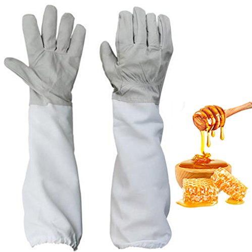 Yosoo Soft & Durable Leather Protective Beekeeping Gloves Goatskin Bee Keeping Gloves with Vented Cloth Extra Long Thick Sleeves (1 Pair)