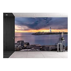 Landscape with Lighthouse During Sunset - Removable Wall Mural | Self-Adhesive Large Wallpaper - 66x96 inches