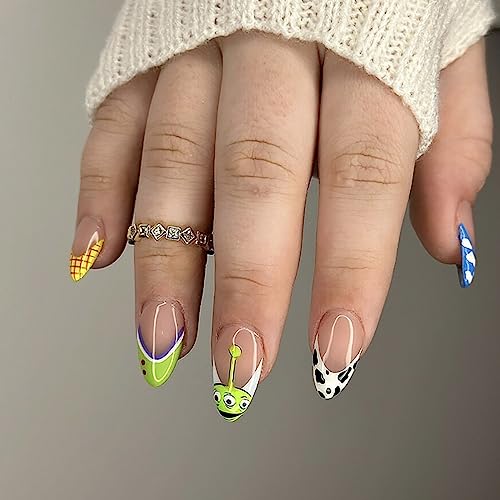 24Pcs Halloween Press on Nails Almond Shape False Nails Reusable Fake Nails with Cute Cartoon Pattern Design Acrylic Nails Press ons Artificial Glue on Nails Halloween Nails for Women Girls