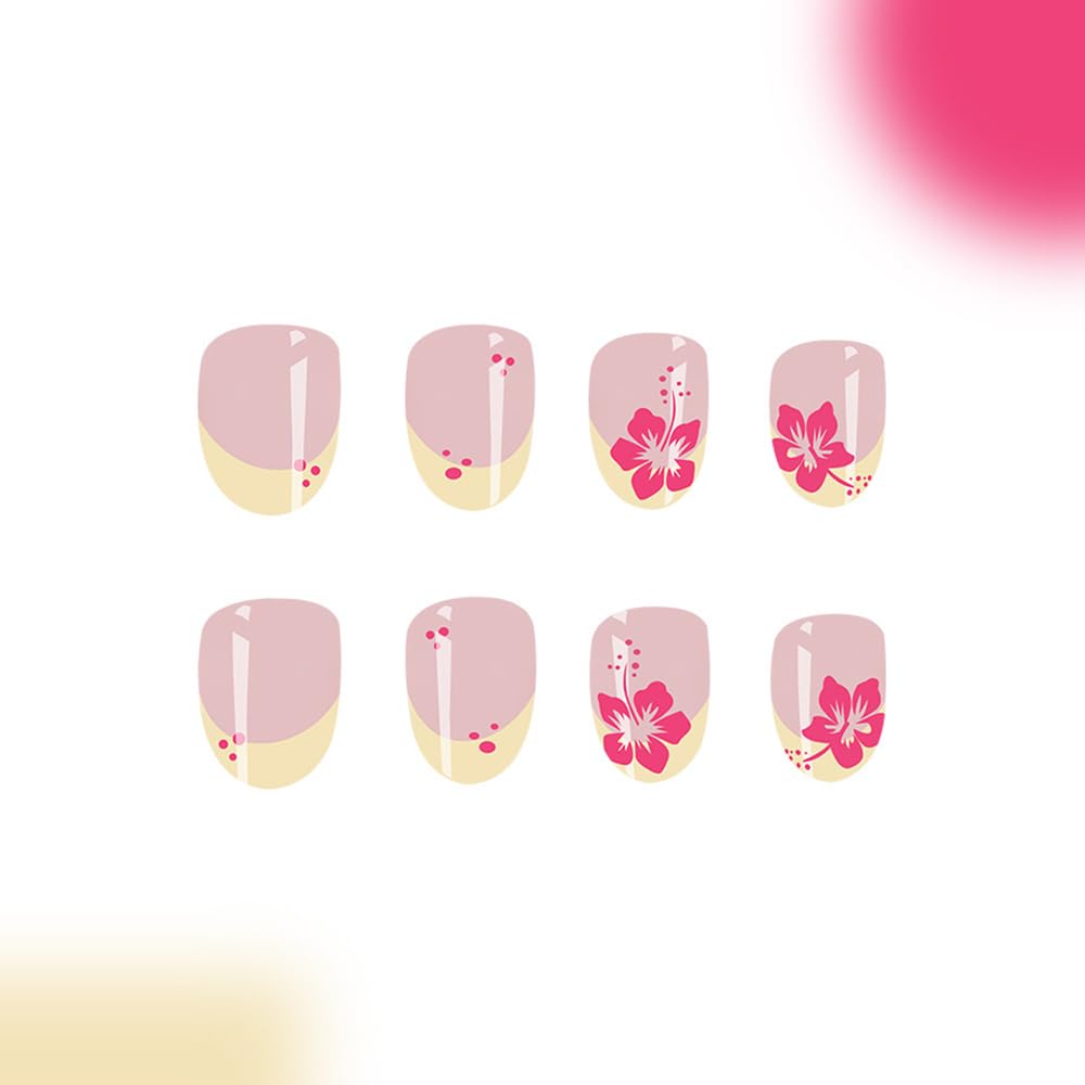 French Tip Press on Nails Almond Short Fake Nails with Red Flowers Design Full Cover False Nails Nude Pink Acrylic Nails Spring Cute Flowers Stick on Nails Glue on Nails for Women Nail Art 24Pcs - Image 4