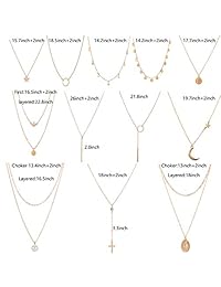 Dremcoue 12 Pcs Layered Choker Necklace for Women Girls Handmade Dainty Chain Necklace Set Pearl Coin Circle Bar Moon CZ Star Pendant Necklace