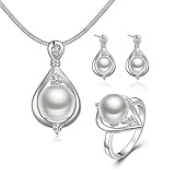 Pmany Vintage Waterdrop Shaped 925 Sterling Silver Plated Pearl Pendant Necklace Ring Earring Jewelry Set Gift