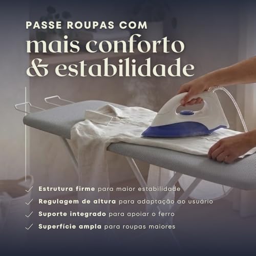 Tabua de Passar Roupa Dobrável com Suporte para Ferro | Estrutura em Aço Reforçado | Tecido Térmico Metalizado | 3 Regulagens de Altura | Mesa de Passar Roupa Portátil Resistente Premium
