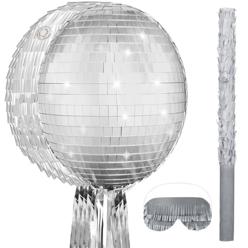 Aoriher Disco Ball Piñata 12.6 x 12.6 x 3 Inch Disco Party Game Set Mirror Ball Piñata Silver Foil 80s 90s Decoration with Stick Mask for Retro Theme Birthday Wedding Party Supplies Decor